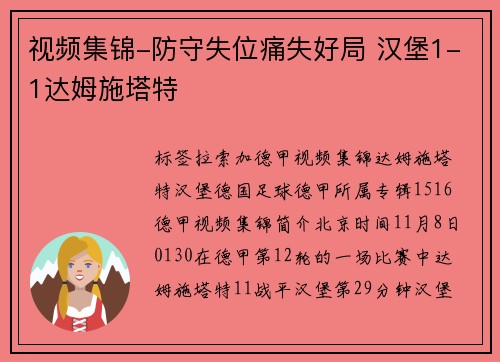 视频集锦-防守失位痛失好局 汉堡1-1达姆施塔特