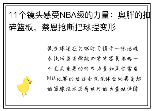 11个镜头感受NBA级的力量：奥胖的扣碎篮板，蔡恩抢断把球捏变形