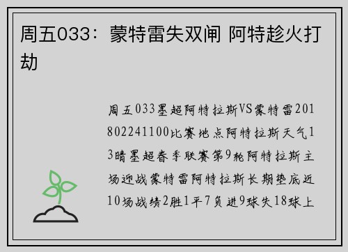 周五033：蒙特雷失双闸 阿特趁火打劫